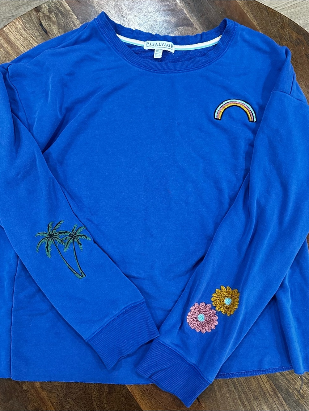 P.J. Salvage Cobalt Blue Long-Sleeve Tee with Rainbow, Palm & Floral Embroidery